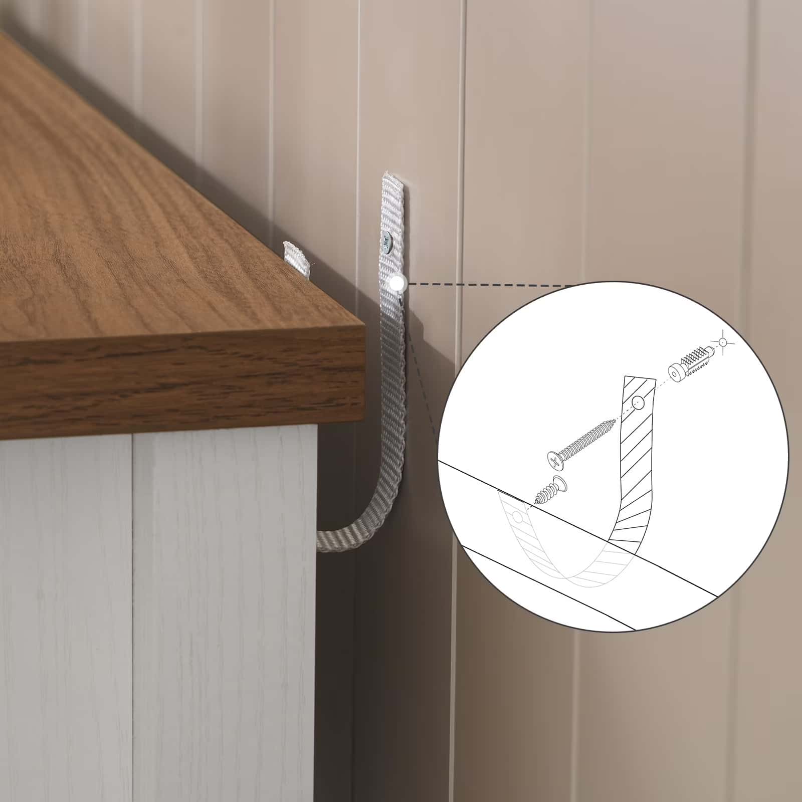 Wooden shelf attached to a wall with screws, inset diagram showing screw placement.