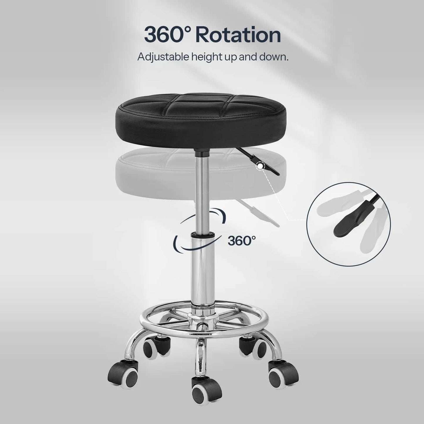 Black stool with 360-degree rotation and adjustable height on a gray background