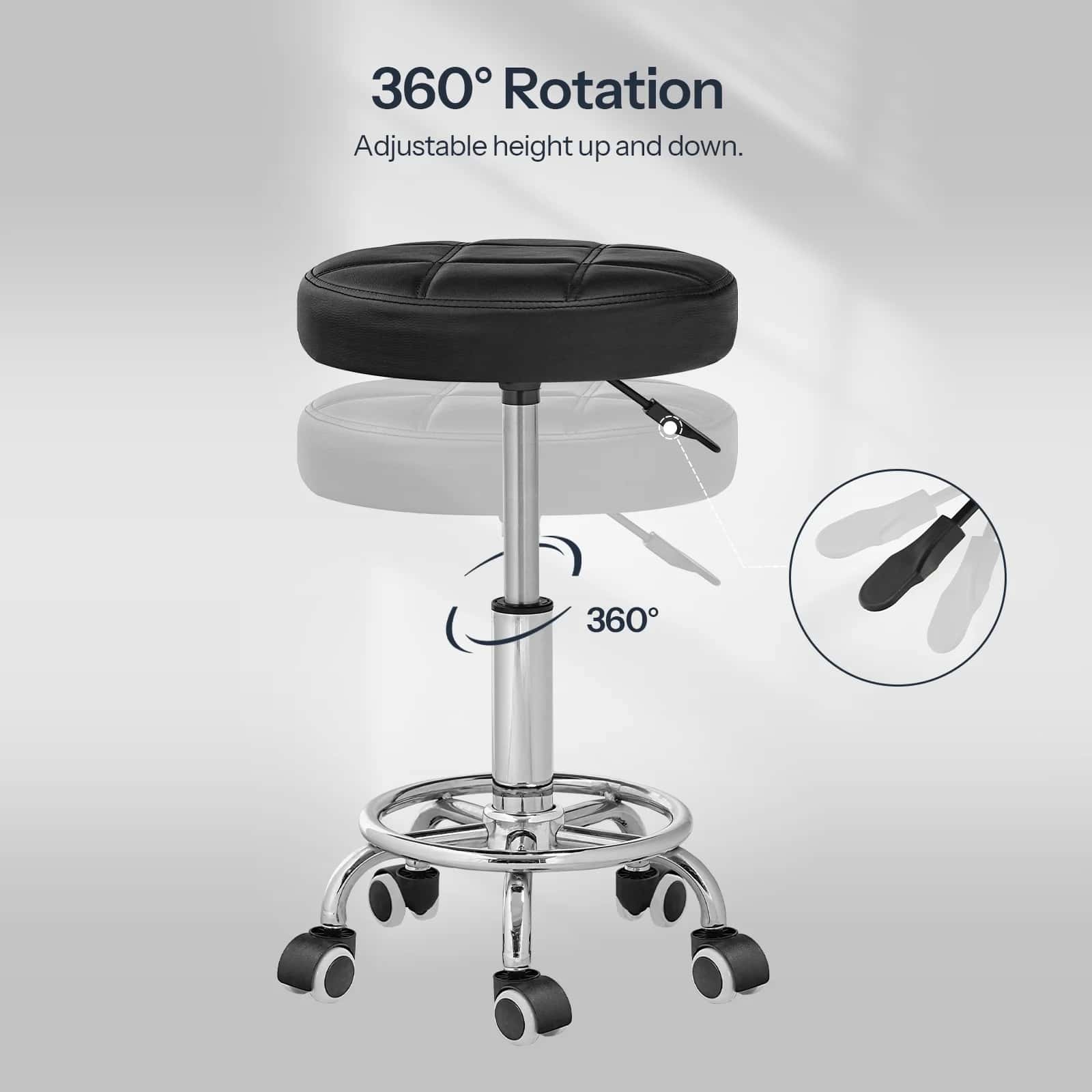 Black stool with 360-degree rotation and adjustable height on a gray background