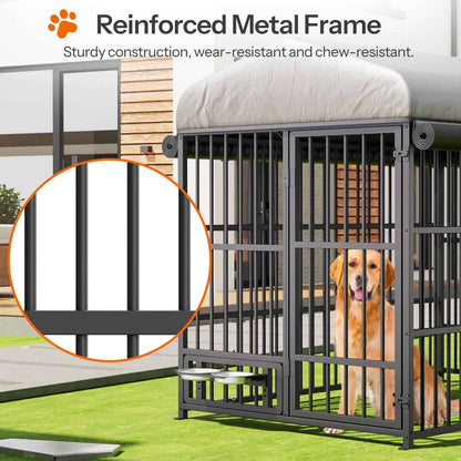 HOOBRO Outdoor Heavy-Duty Large Dog Kennel with Waterproof Cover & Rotating Feeding Bowls