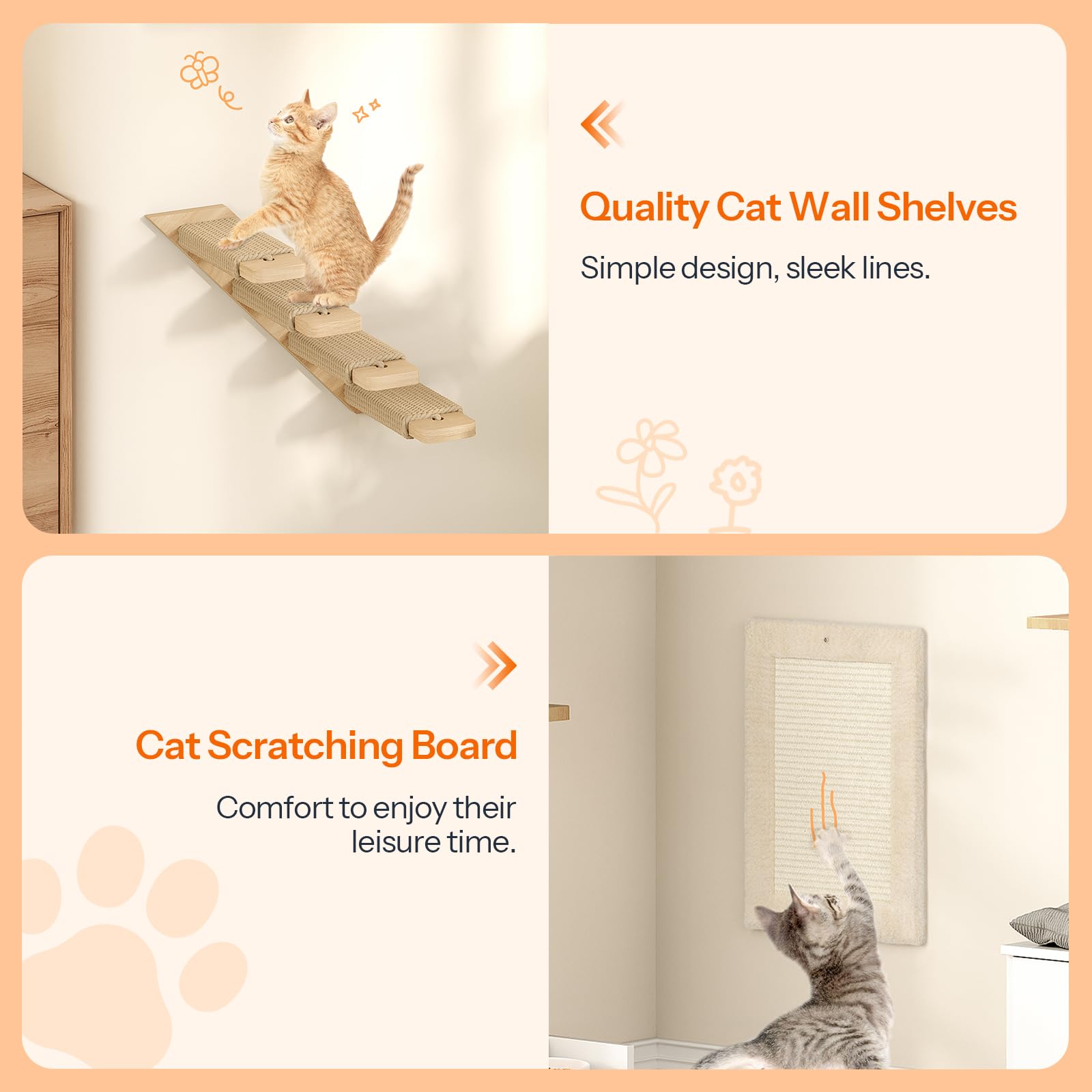 Cat wall shelves and scratching board with a cat interacting with the board on an orange background.