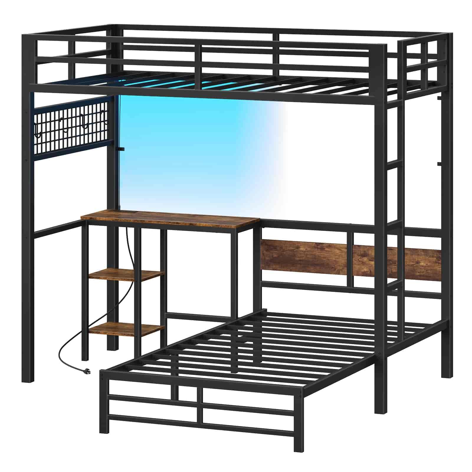Black metal loft bed with wooden desk and stairs on a white background