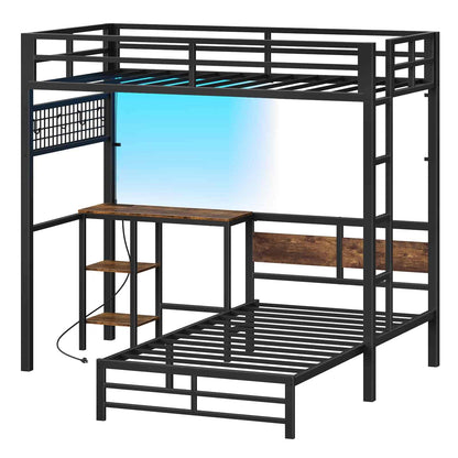 Black metal loft bed with wooden desk and stairs on a white background