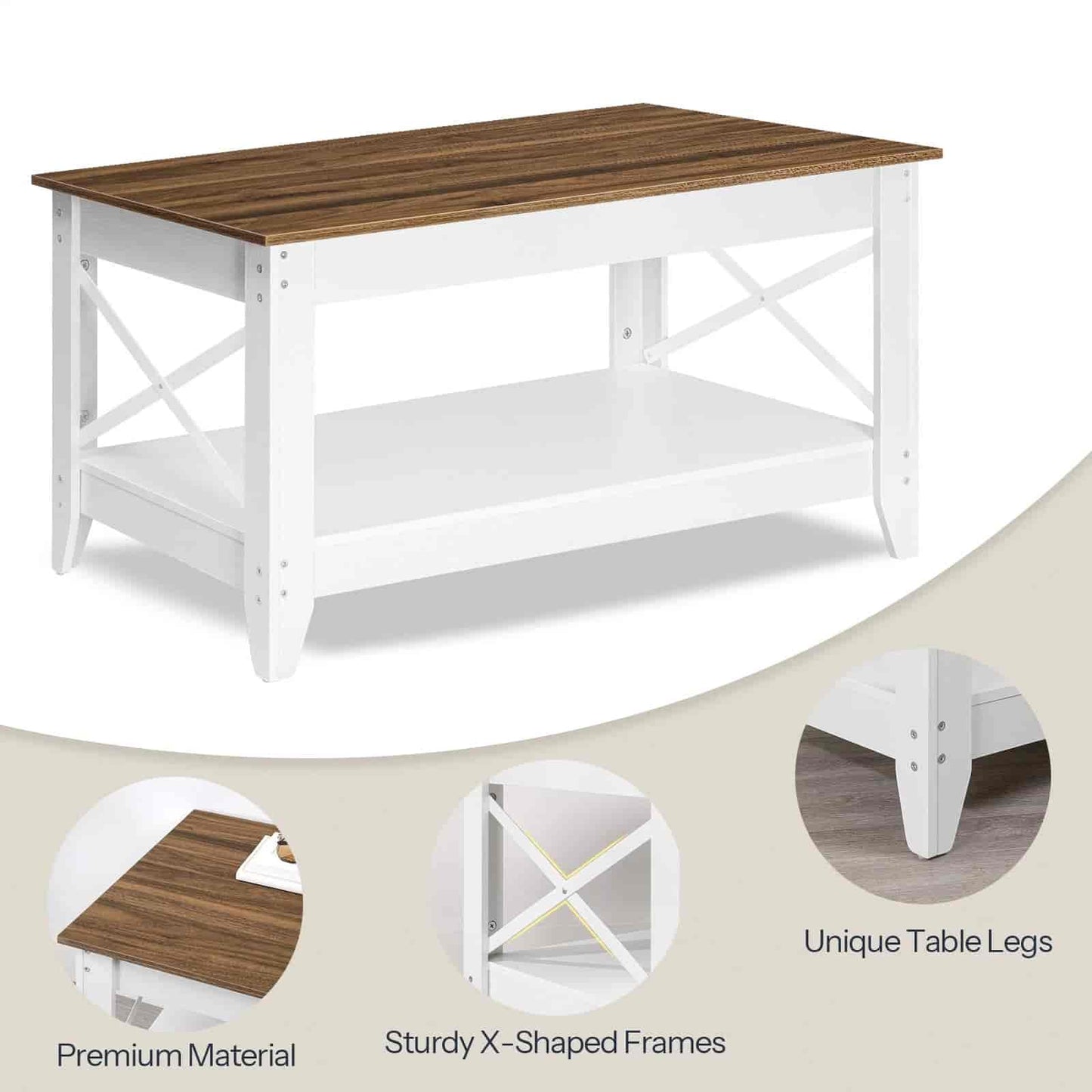 Wooden table with white base on a white background, featuring close-up details of material and design.