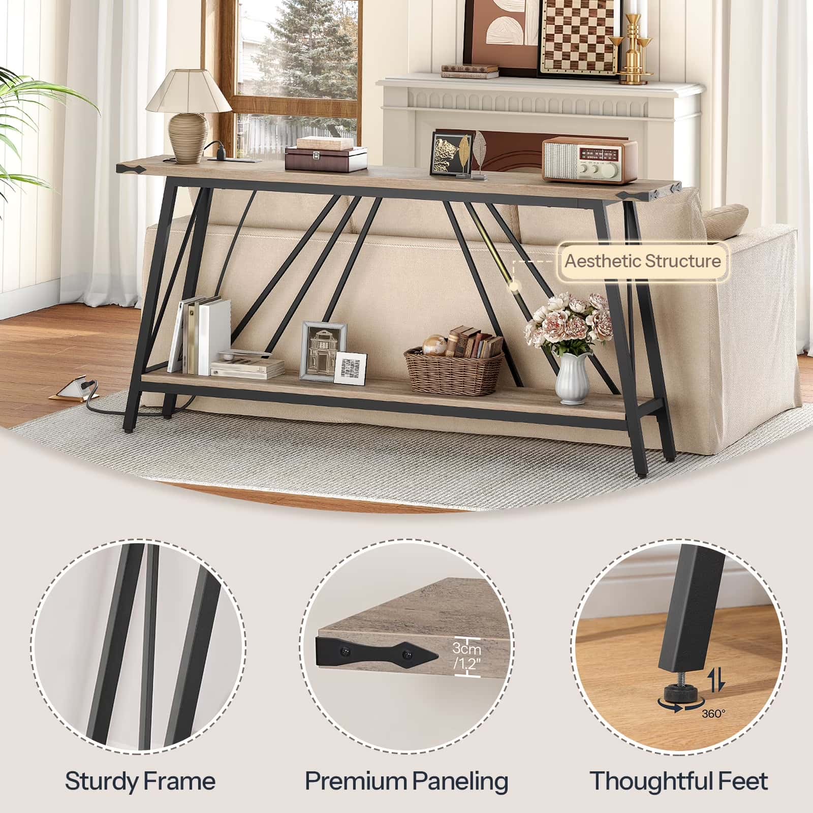 Console table in a living room with decorative items and close-up details of its features.