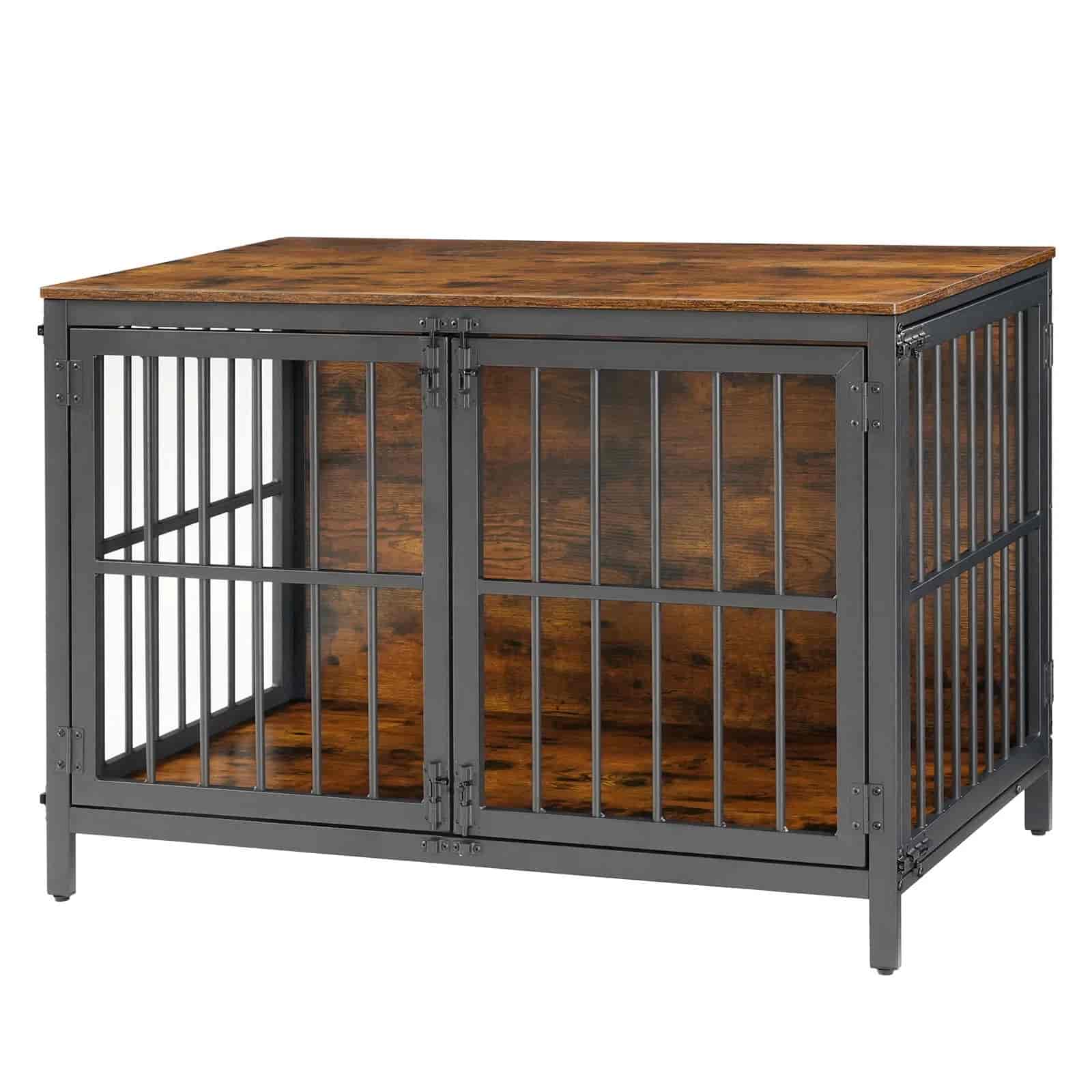Dog crate with wooden top and metal bars on a white background