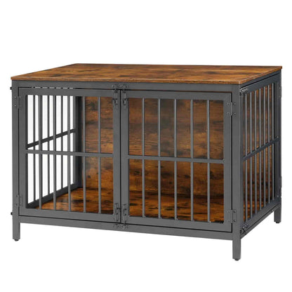 Dog crate with wooden top and metal bars on a white background