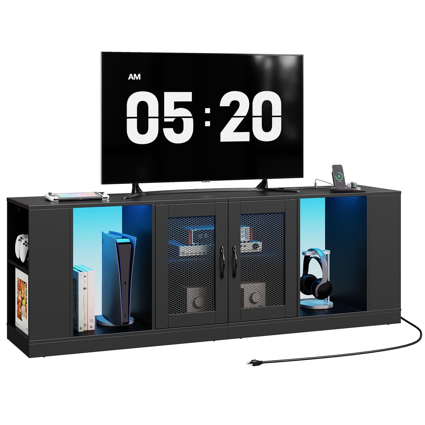 Black entertainment console with a digital clock display on a white background