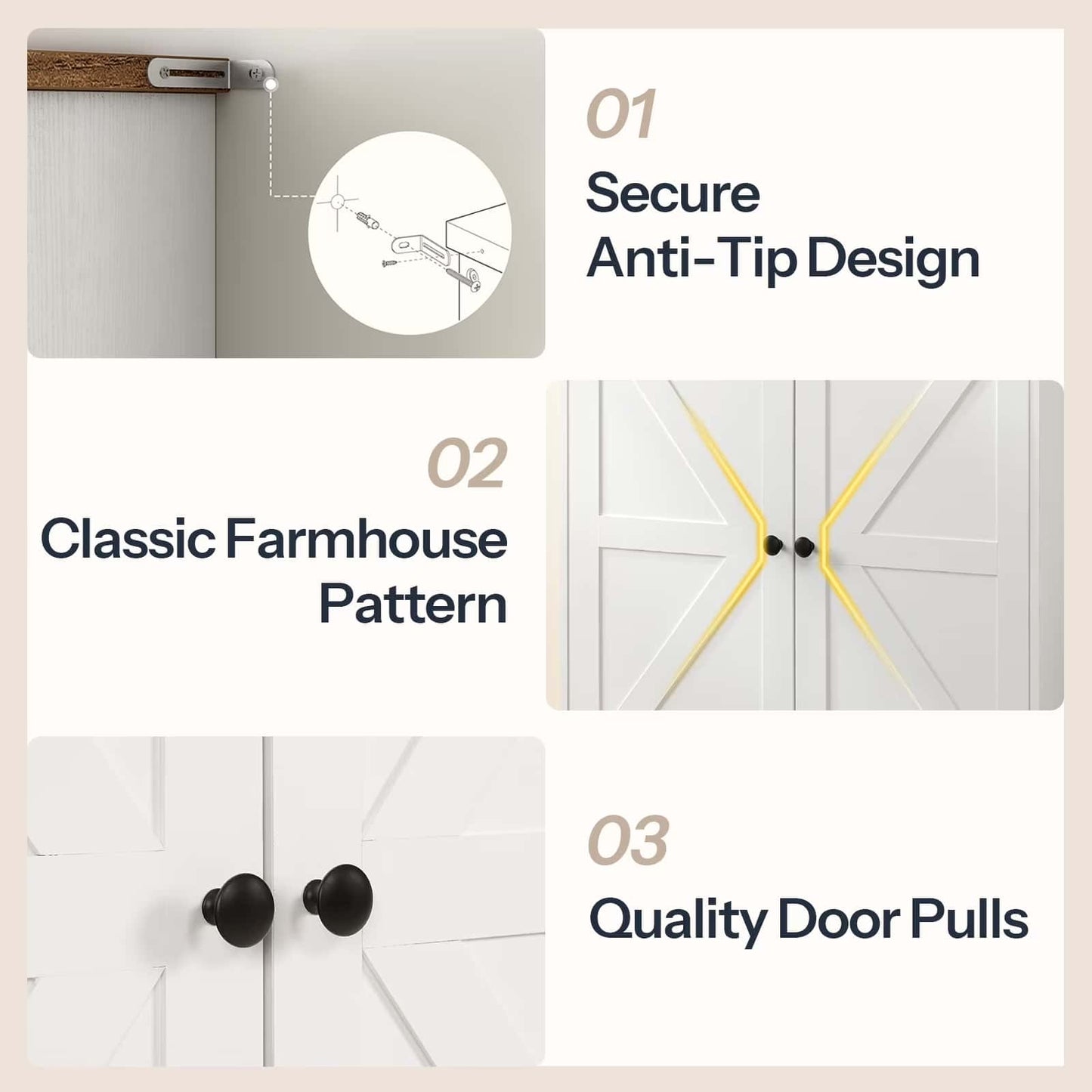 Collage of features including anti-tip design, classic farmhouse pattern, and quality door pulls on a cabinet.