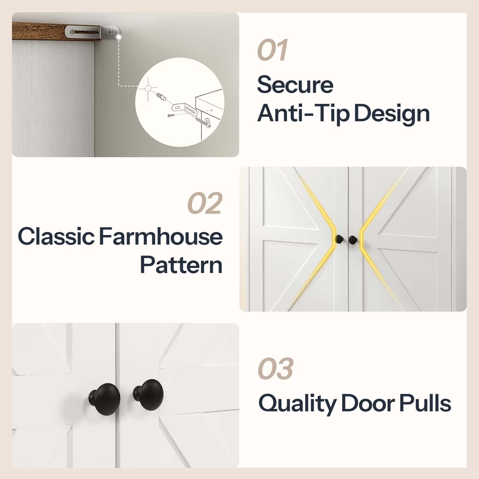 Collage of features including anti-tip design, classic farmhouse pattern, and quality door pulls on a cabinet.