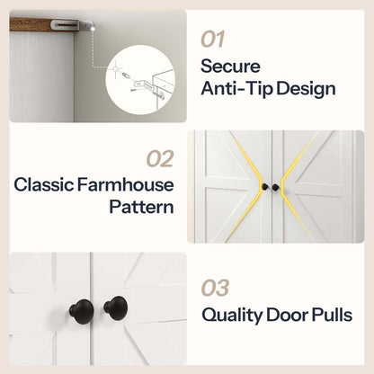 Collage of features including anti-tip design, classic farmhouse pattern, and quality door pulls on a cabinet.