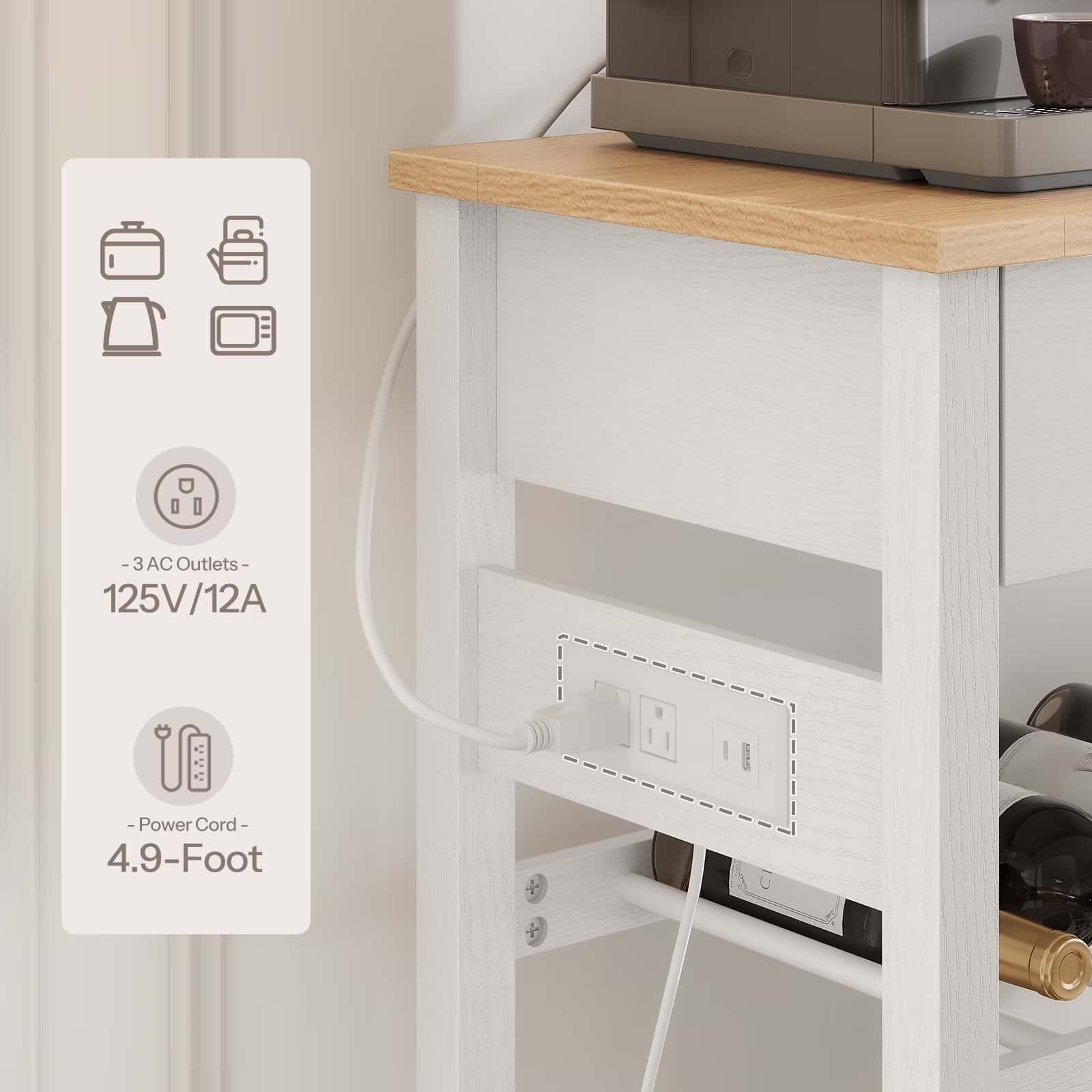 White electrical panel with AC outlets and power cord on a kitchen counter.