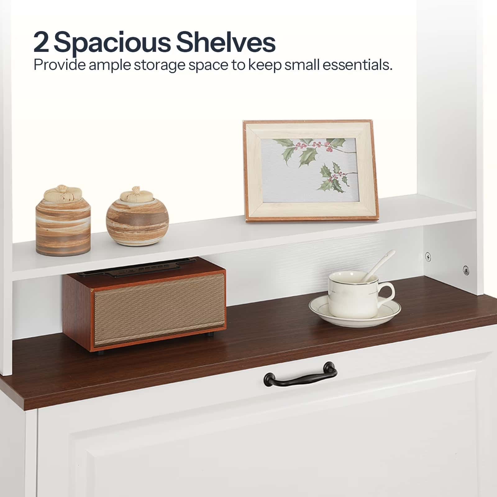 White and brown shelf with decorative items on a white background