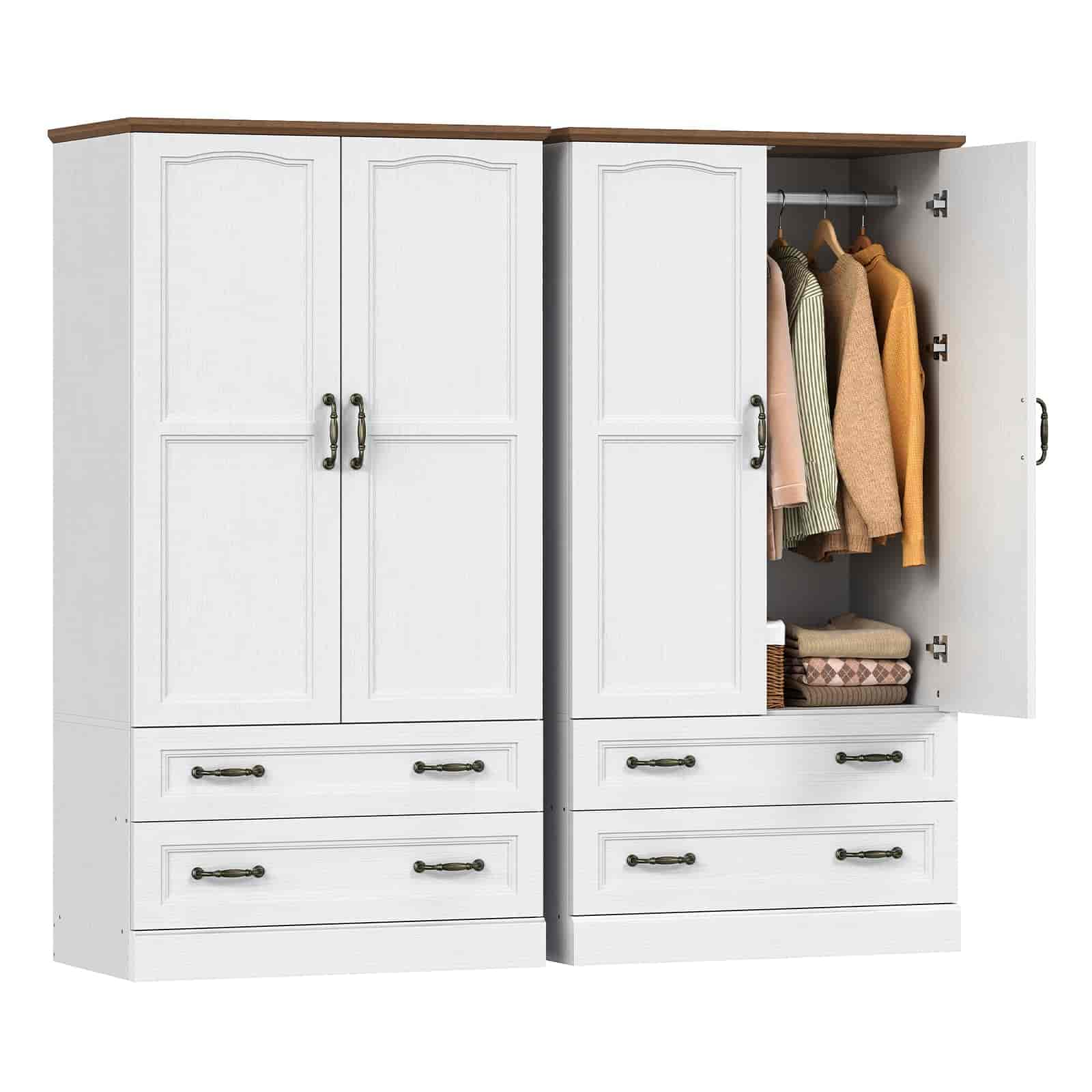 White wardrobe with open door revealing clothes, on a white background