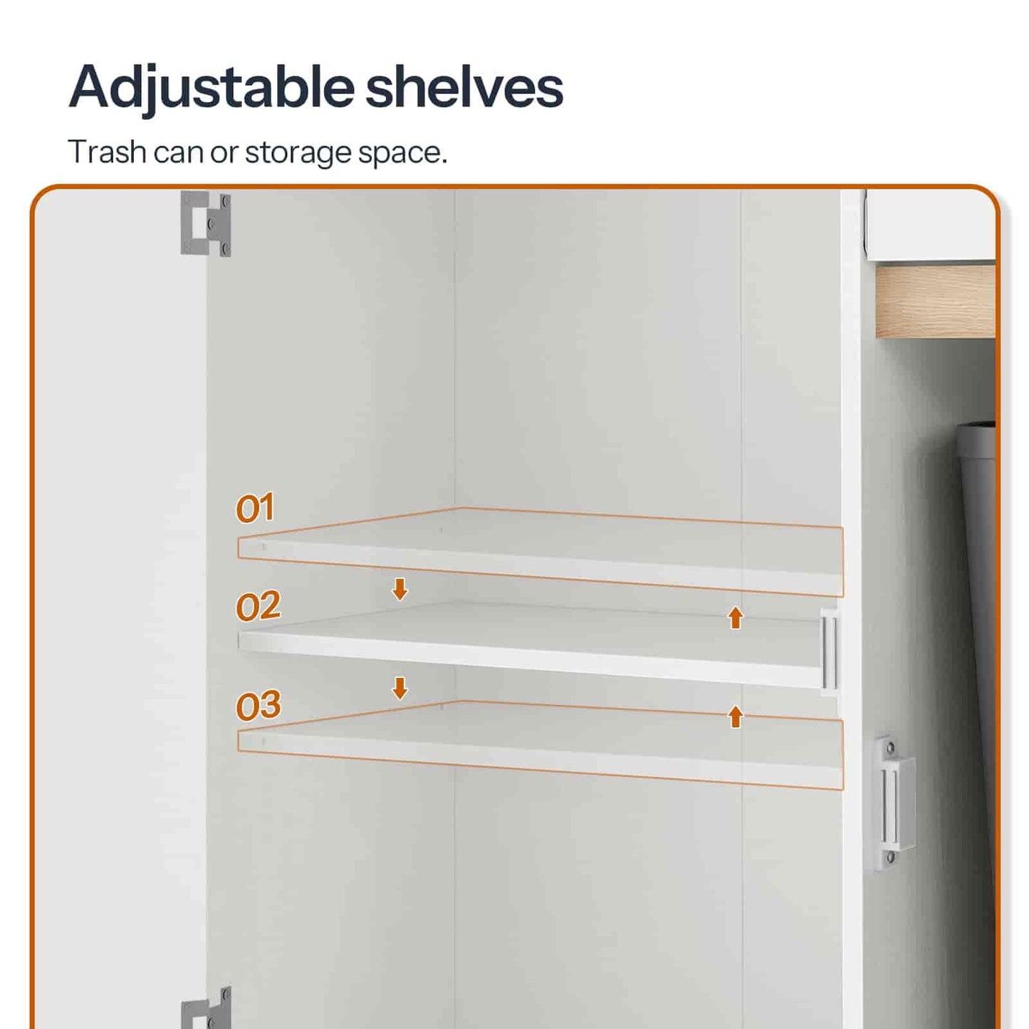 Cabinetry with adjustable shelves and trash can or storage space, showing different shelf levels.