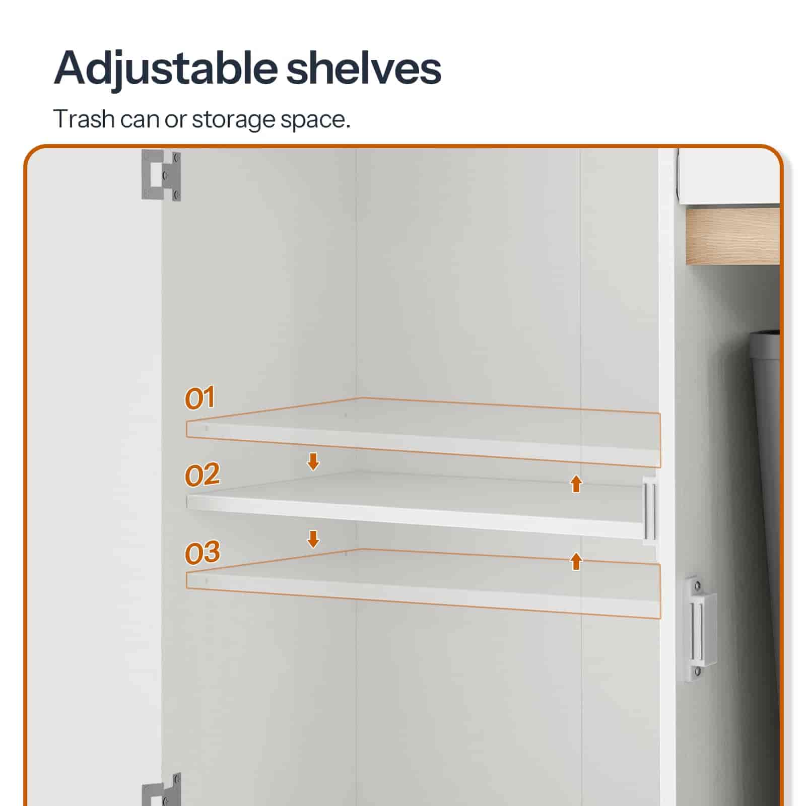 Cabinetry with adjustable shelves and trash can or storage space, showing different shelf levels.