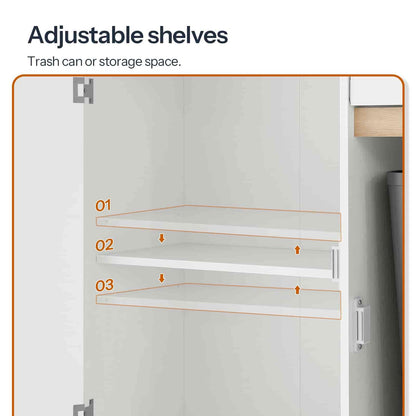 Cabinetry with adjustable shelves and trash can or storage space, showing different shelf levels.