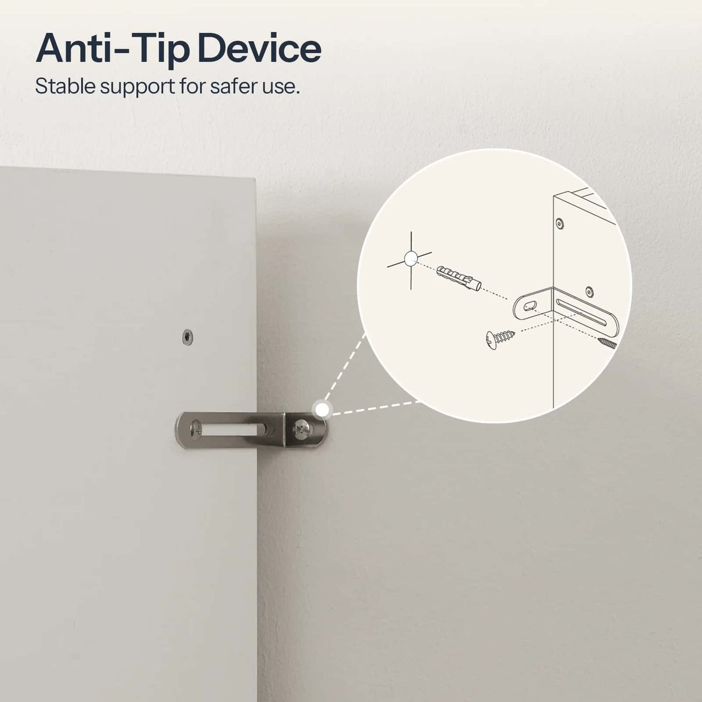 Anti-tip device attached to a door with an inset diagram on a light gray background.
