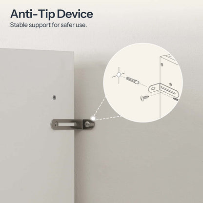 Anti-tip device attached to a door with an inset diagram on a light gray background.