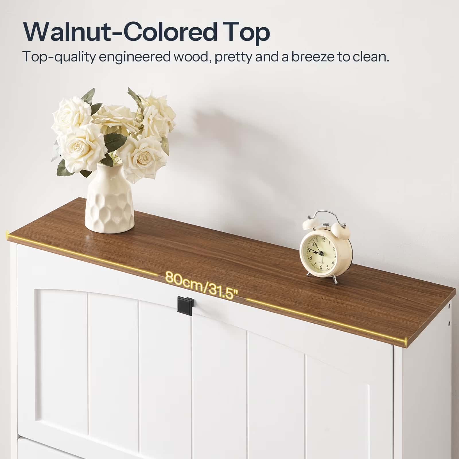 Wooden shelf with a vase of flowers and an alarm clock on a white background