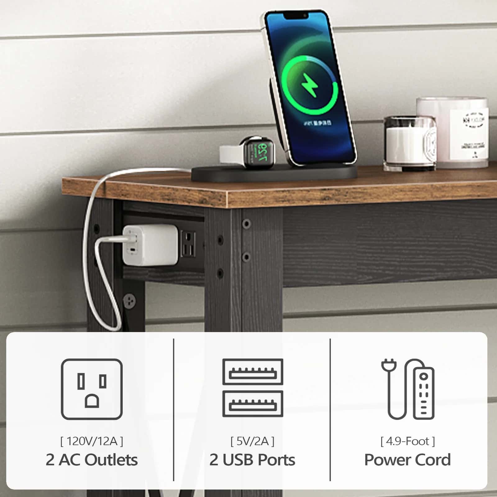 Desk with charging station featuring phone, watch, and coffee maker on a wooden surface.
