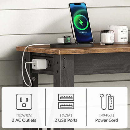 Desk with charging station featuring phone, watch, and coffee maker on a wooden surface.