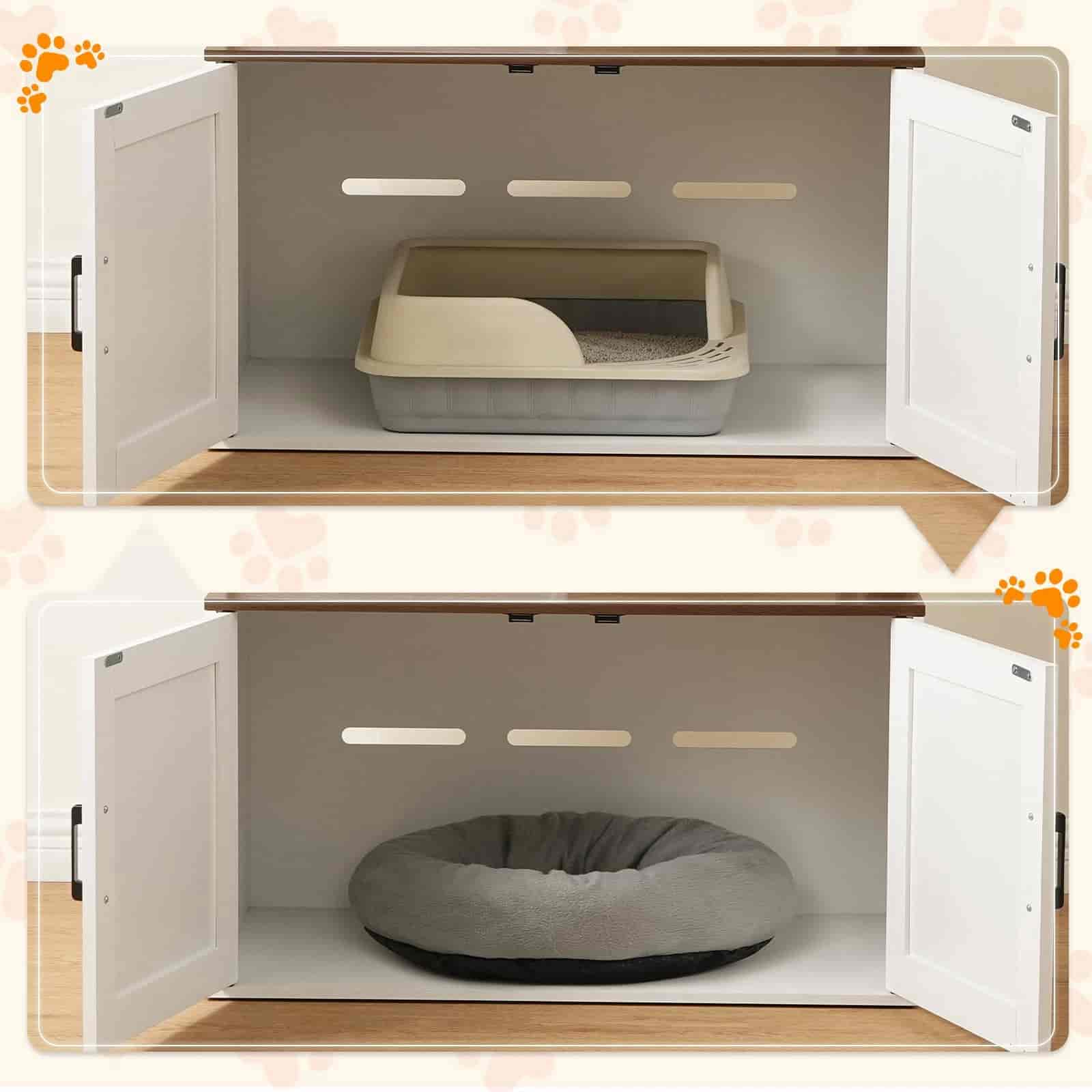 Pet furniture with a litter box and pet bed inside open cabinet doors.