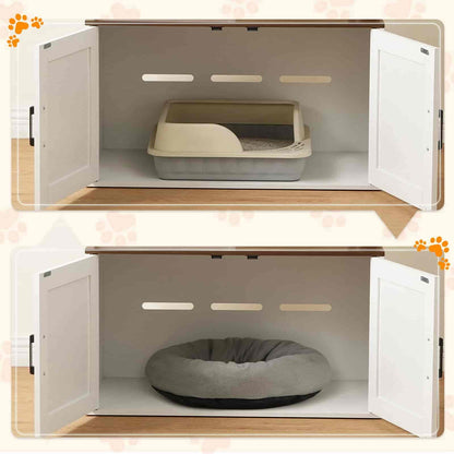 Pet furniture with a litter box and pet bed inside open cabinet doors.