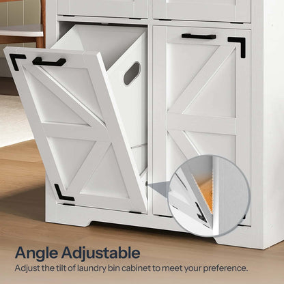 White laundry bin cabinet with adjustable angle feature on a wooden floor.