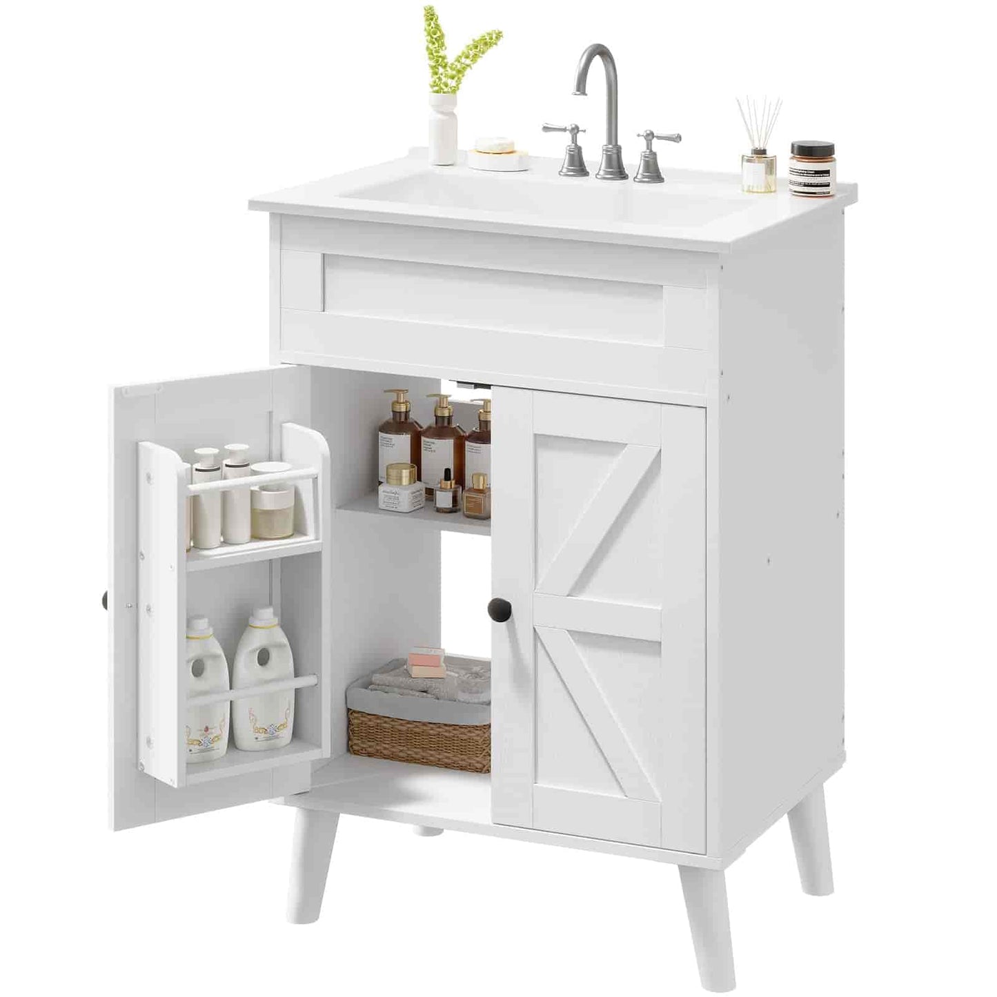White bathroom vanity with open cabinet doors on a white background
