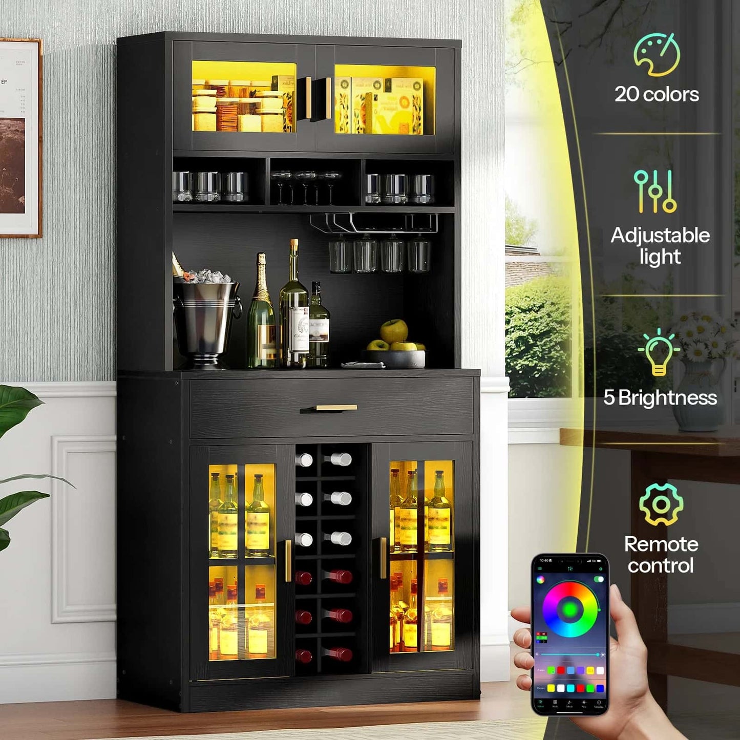 Black bar cabinet with wine storage and LED lighting control panel on a smartphone.