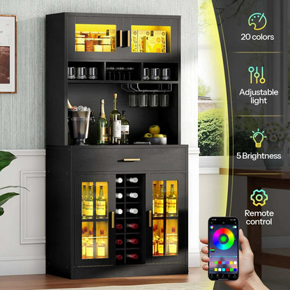 Black bar cabinet with wine storage and LED lighting control panel on a smartphone.