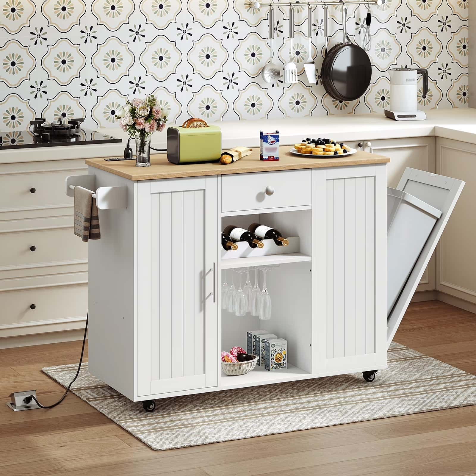 White kitchen island with wooden top in a kitchen setting