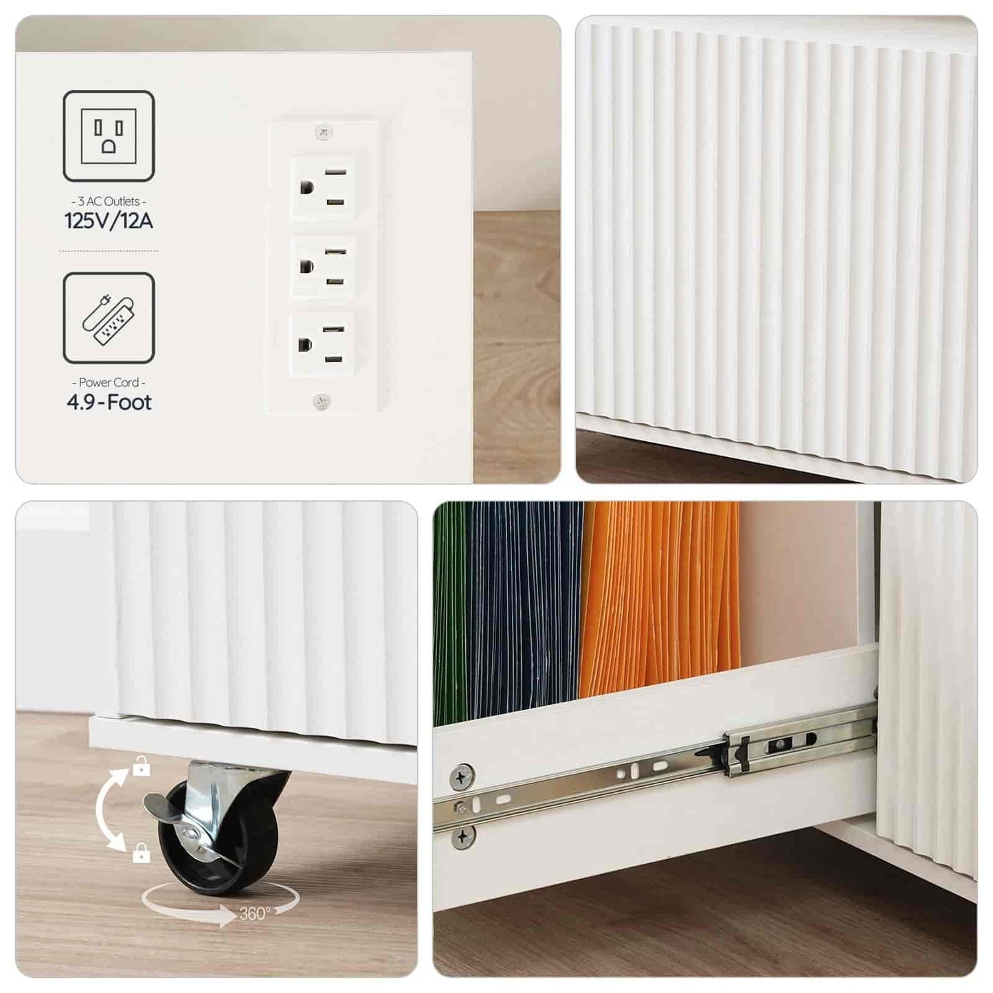 Collage of a power outlet, radiator, and drawer with wheels.
