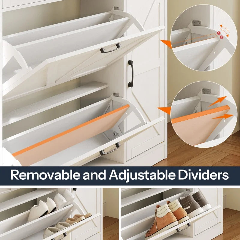 Collage of a shoe cabinet with removable and adjustable dividers, showing how shoes can be organized.
