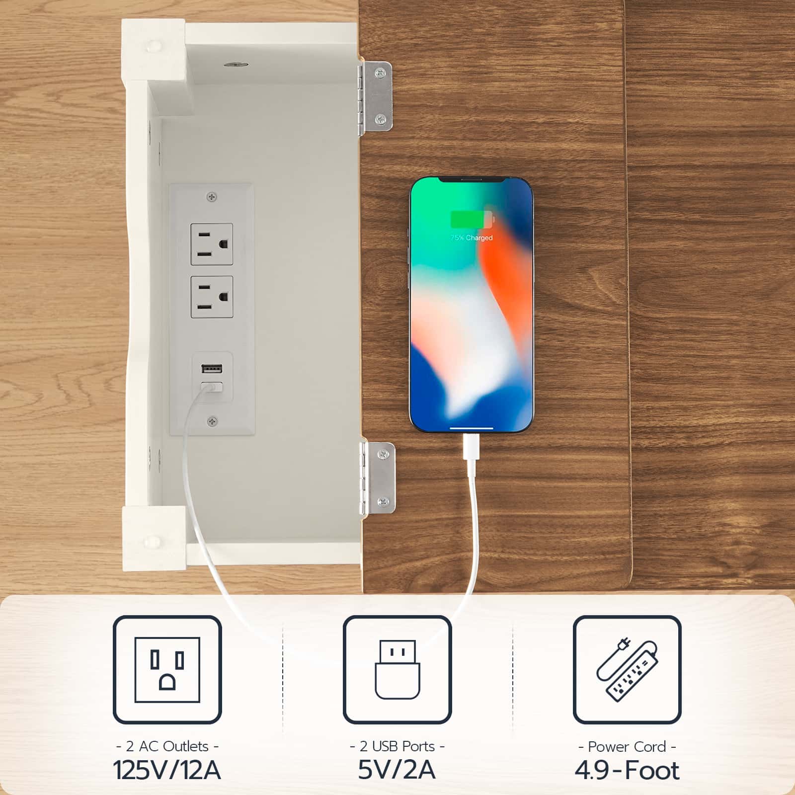 Smart wall outlet with multiple ports and a smartphone charging cable on a wooden surface.