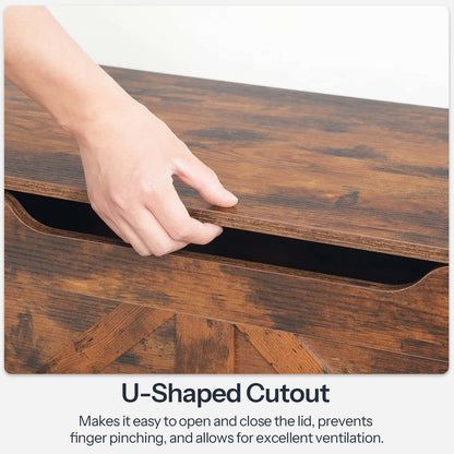 Wooden box with a U-shaped cutout being opened by a hand, with text explaining its features.