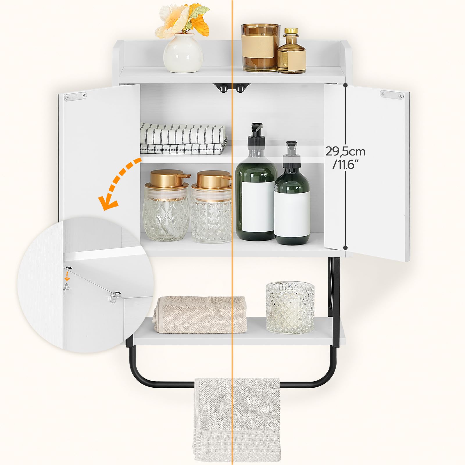White wall-mounted cabinet with shelves and storage compartments, featuring various items on a white background.