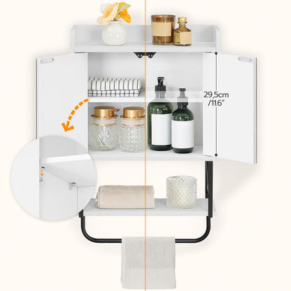 White wall-mounted cabinet with shelves and storage compartments, featuring various items on a white background.