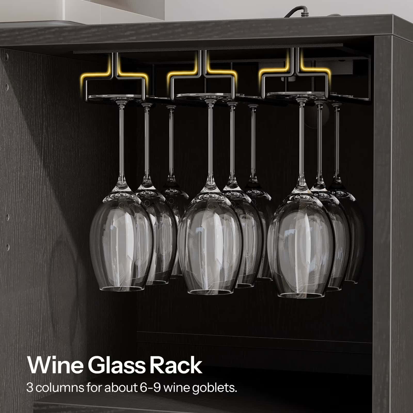 Wine glass rack mounted on a kitchen cabinet with wine glasses hanging from it.
