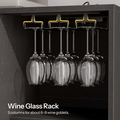 Wine glass rack mounted on a kitchen cabinet with wine glasses hanging from it.
