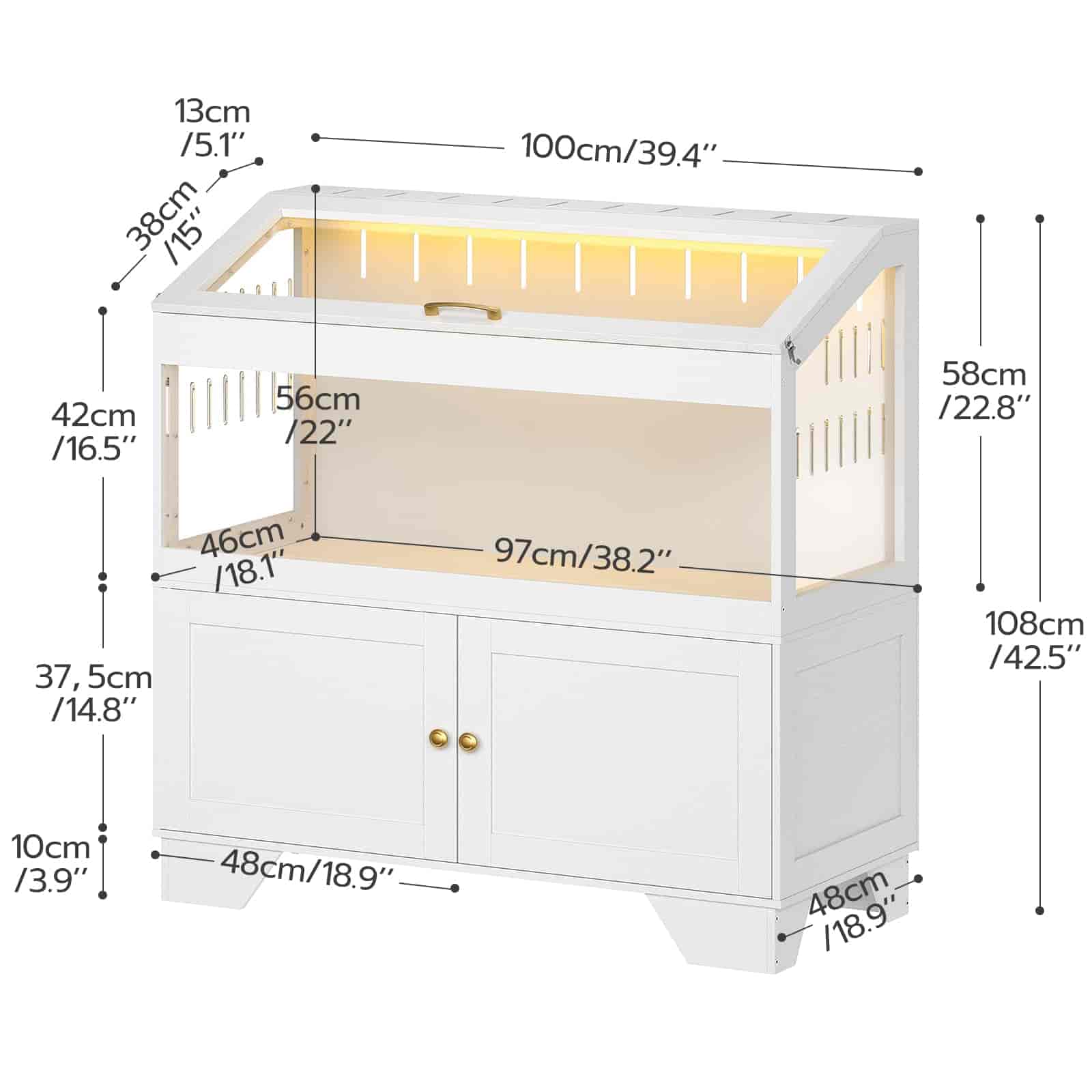 White pet crate with dimensions labeled on a white background