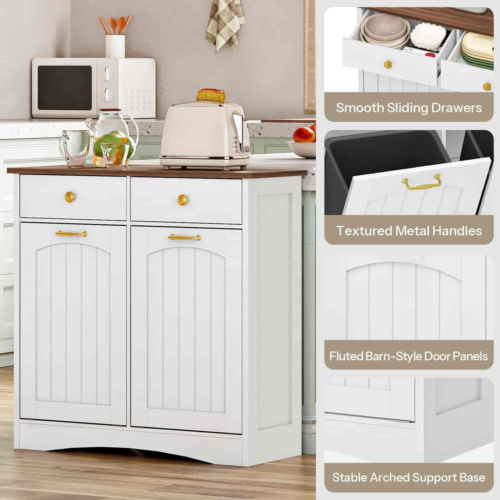 White kitchen cabinet with fluted barn-style door panels and textured metal handles, set against a kitchen background.