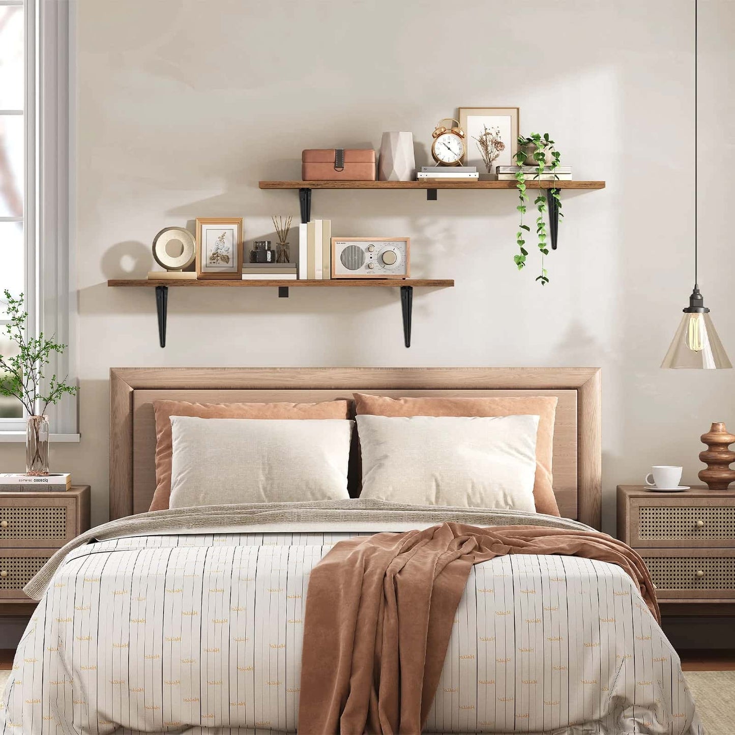 Neatly made bed with wooden headboard in a bedroom setting.