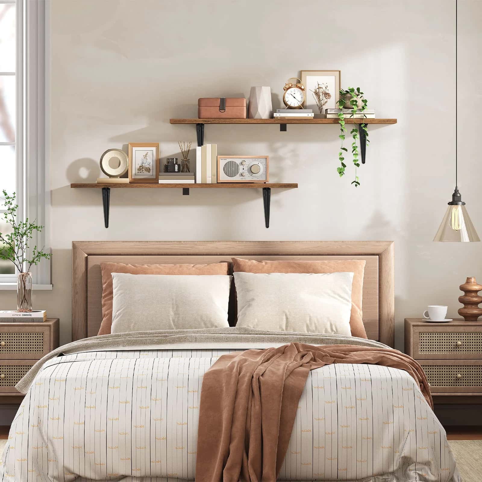 Neatly made bed with wooden headboard in a bedroom setting.
