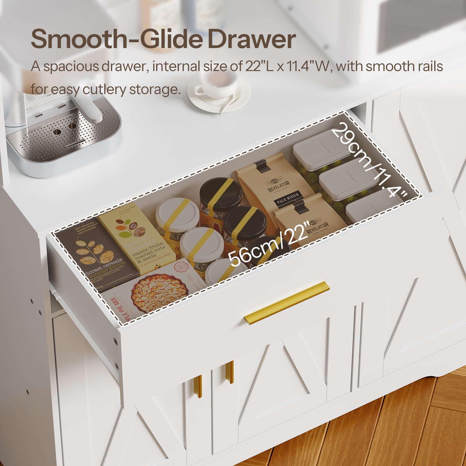 White kitchen cabinet with open drawer containing cutlery, labeled 'Smooth-Glide Drawer'.