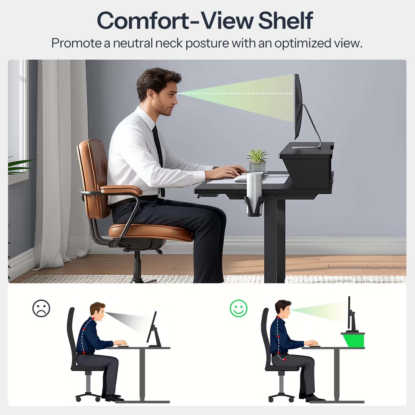 Person using a computer with a Comfort-View Shelf to promote a neutral neck posture.