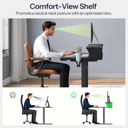 Person using a computer with a Comfort-View Shelf to promote a neutral neck posture.