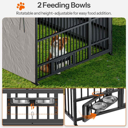Pet crate with rotatable and height-adjustable feeding bowls for easy food addition.