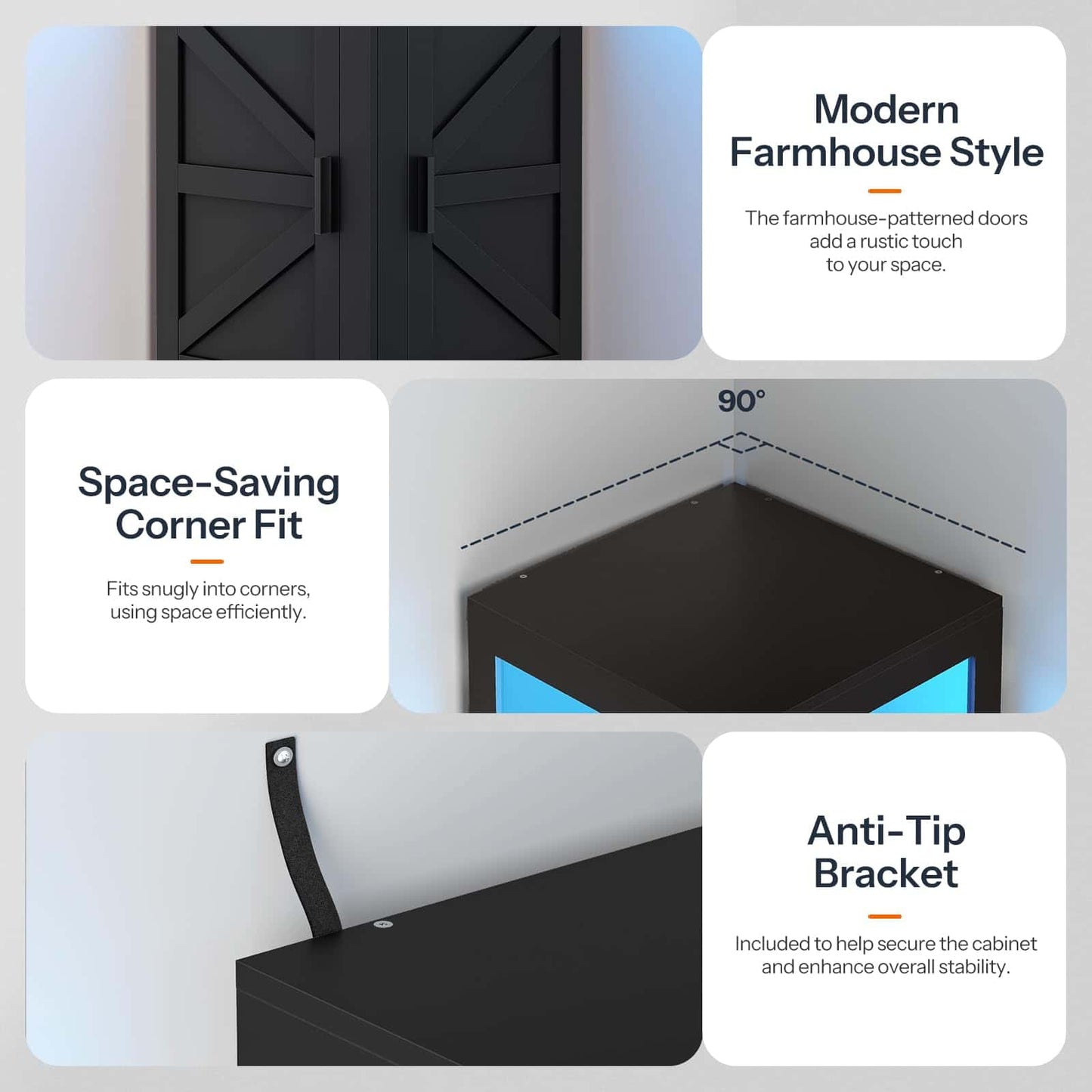 Black cabinet door with features highlighted on a white background